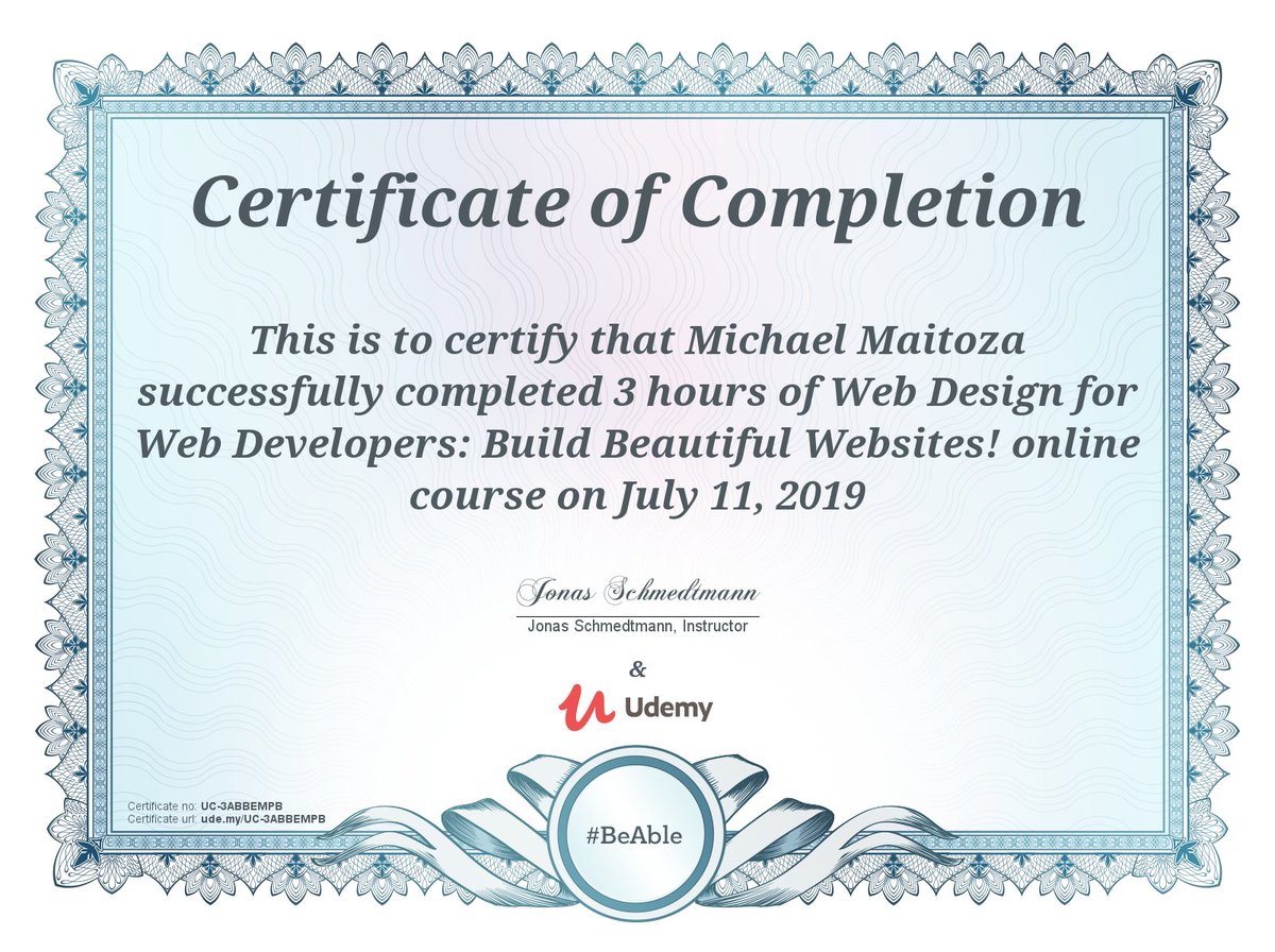 mikemaitoza1's tweet photo. And this happened yesterday! #100DaysOfCode R1 Day3 #CodeNewie #HTML5 #css3 #udemy #freeCodeCamp My first Udemy Certification. Next up another course by @jonasschmedtman on html and css then my FCC Responsive Web Development certificate, then Advanced CSS and SaSS by Jonas. https://t.co/2taF3dWq7m