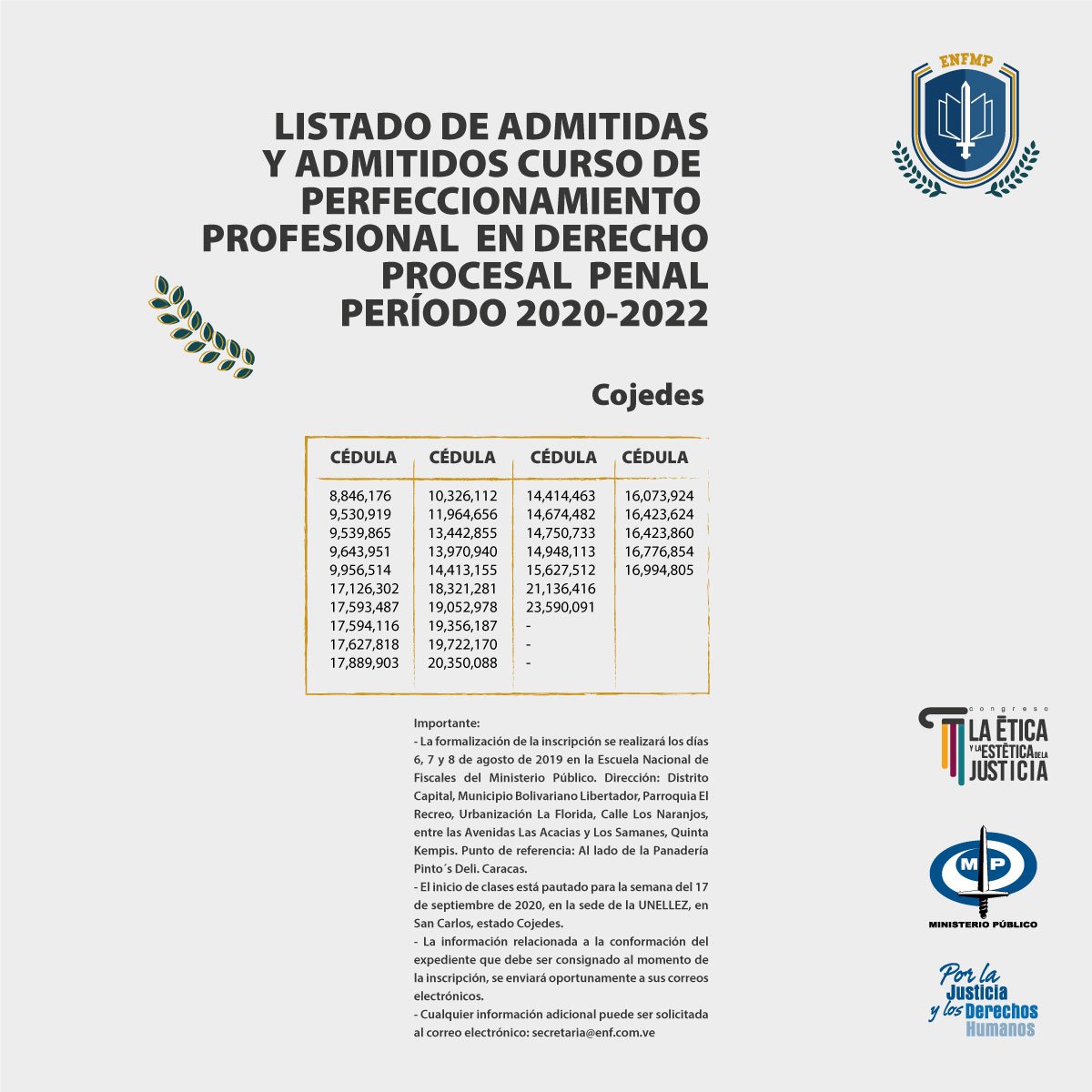 EscuelaFiscalMP's tweet photo. #COJEDES Listado de admitidas y admitidos al Curso de Perfeccionamiento Profesional en Derecho Procesal Penal, período 2020-2022. 
#ENFMP https://t.co/jugxkUrCBB