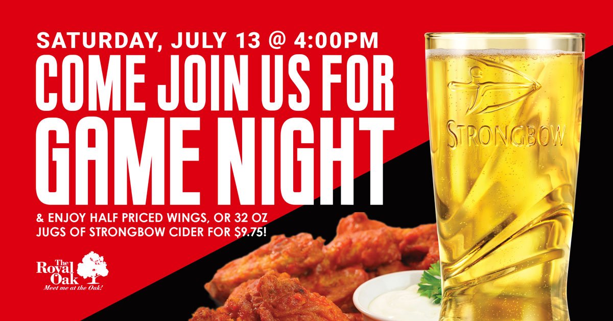 Join us this Saturday to watch the game and enjoy half off wings! Also, enjoy 32 oz personal pitchers of Strongbow Ciders for only $9.75! #MeetMeAtTheOak