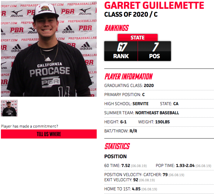 PrepBaseballCA's tweet photo. Today in our #ProCaseSpotlight Series is C Garrett Guillemette (@garret_g10) of @ServiteFriarsBB and one of top @PBR_Uncommitted players in the CA. Power in bat w/some of the best catch/throw in state &amp; added strength. 

LINK: https://t.co/hsVvDGUFUW

#ShapeTheState #BeSeen https://t.co/gQY1j6XqKo