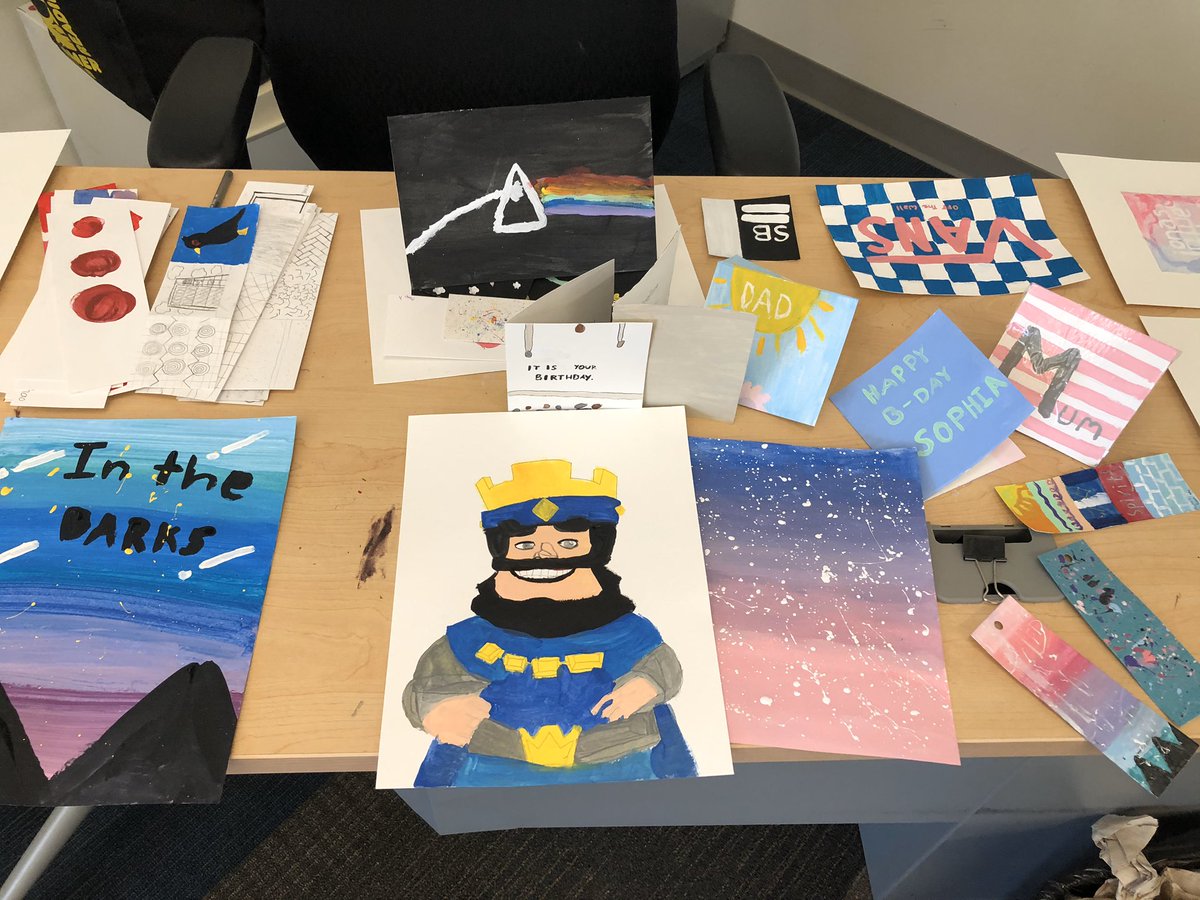 MrsKerkotchian's tweet photo. Super cool album covers, bookmarks and greeting cards designed by our Summer Adventure students in their Art Design Elements class. Wonderful to see our budding artists expressing their ideas so creatively @SMMUSD @smedfdn @CenterAEC https://t.co/0Lfhh4DQce