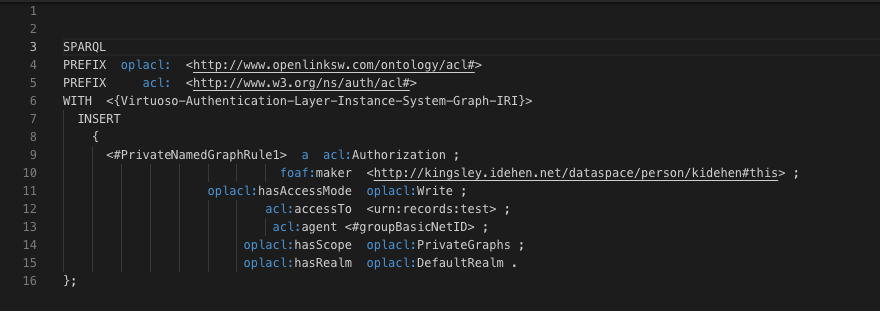 kidehen's tweet photo. How a #VirtuosoRDBMS instance is informed about a #WebACL that provides Read-Write privileges on a Data Source Name (#DSN) to any #identity authenticated using #WebIDTLS or #OAuth or #OpenIDConnect.
#GraphDatabase #SPASQL #SPARQL #NoSQL #LinkedData #KnowledgeGraph #SemanticWeb https://t.co/sRnGEIKmKc