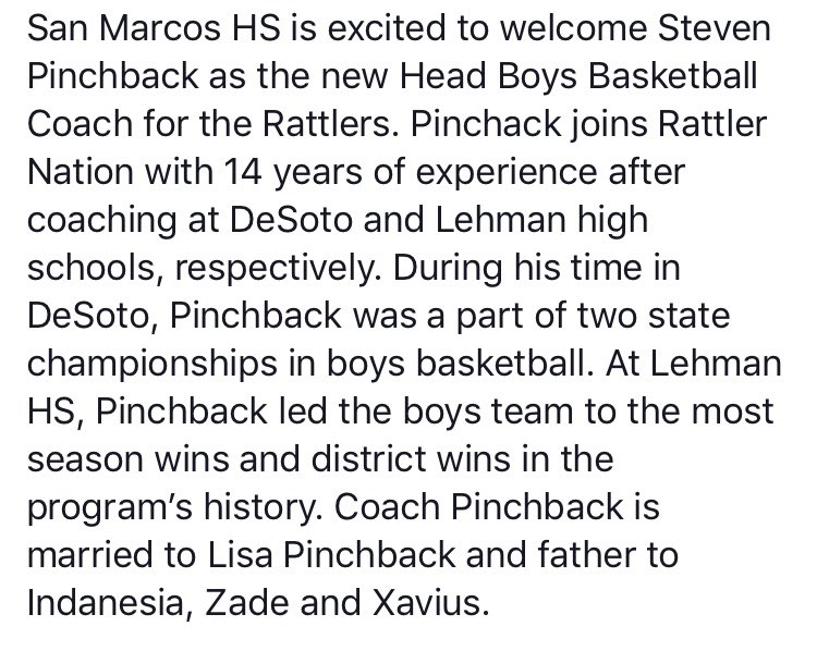 SMHS is excited to welcome Steven Pinchback as the new Head Boys Basketball Coach. Pinchack joins Rattler Nation w/ 14 years of coaching experience at DeSoto &amp; Lehman high schools, respectively. During his time in DeSoto, Pinchback was a part of two state championships!