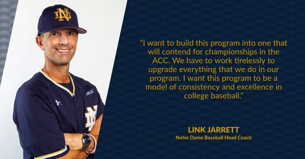 'I want to build this program into one that will contend for championships in the ACC.' Check out what Link Jarrett has to say as he was named the 21st head coach of Notre Dame baseball! 🔗 bit.ly/2JxKwS0 #GoIrish ☘️