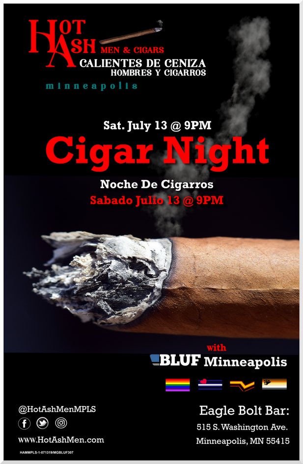 HotAshMenMPLS's tweet photo. Saturday join your smoke &amp; fetish brothers for our first event in Minneapolis with #BLUFMinneapolis.
Bring your favorite cigar &amp; meet on the patio @EagleBoltBar See you there!
More info: https://t.co/fl7V83gW2L                           #cigars #bluf #leather #cigarmen #Gear https://t.co/ecnE84tb6x