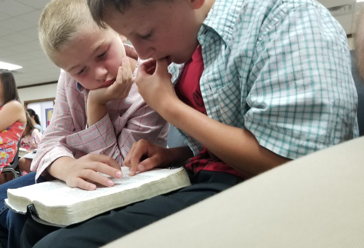 mgfalls's tweet photo. With Jrs @ the BRR, I witnessed something amazing Thur--the power of the Word. I let two distracted boys use my bible. Every time the evangelist mentioned a verse, they looked &amp; followed with their fingers. One of them was the first to respond in the invitation. The Word works! https://t.co/5XgS7bGRc4