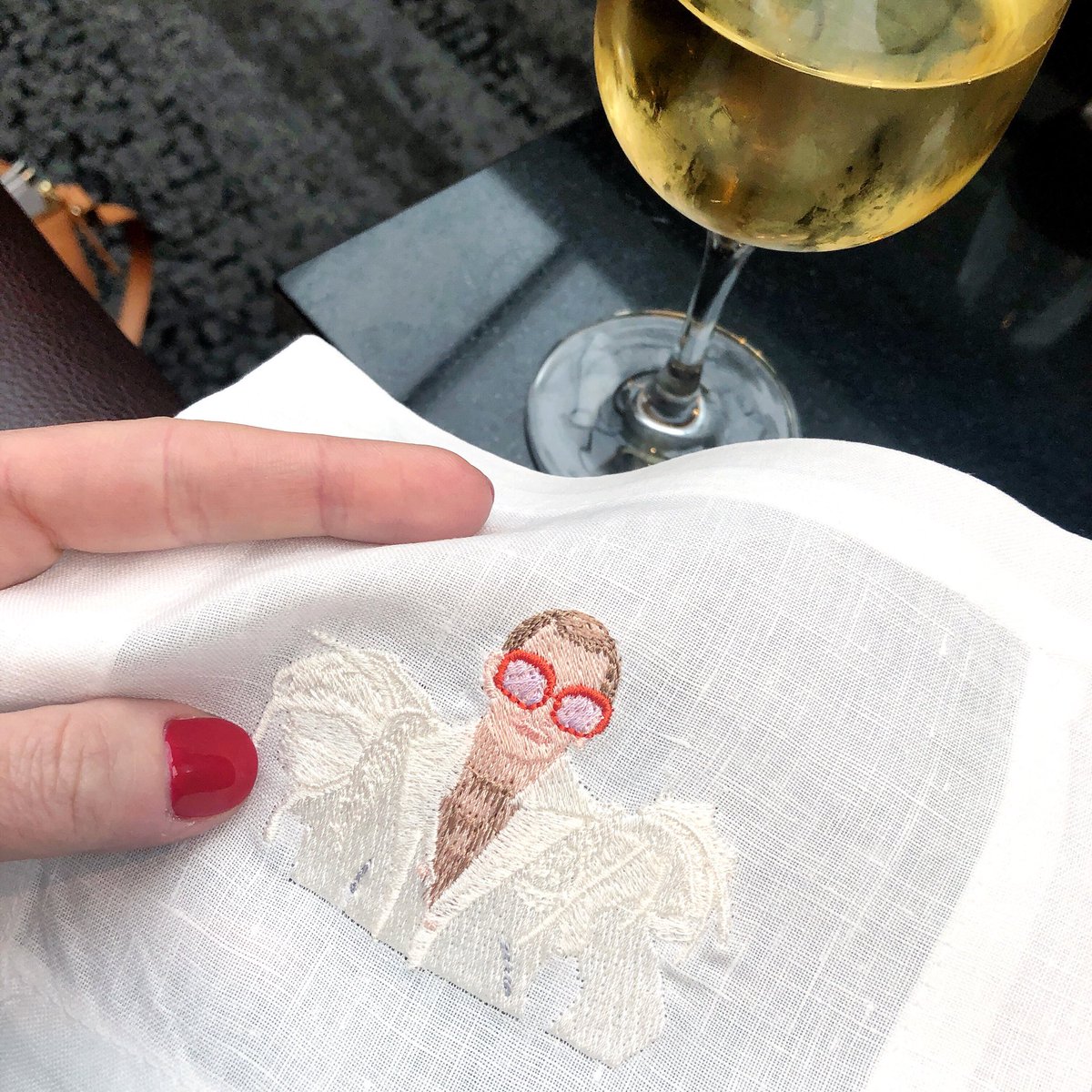 Traveled with <a href="/eltonjohn/">samantha b. clark</a> (embroidery) in my tote while in Atlanta 💁🏻‍♀️...NOW available! 💫 shoplettermade.com/cocktail-napki… // #rocketman #eltonjohn #embroidered #linens