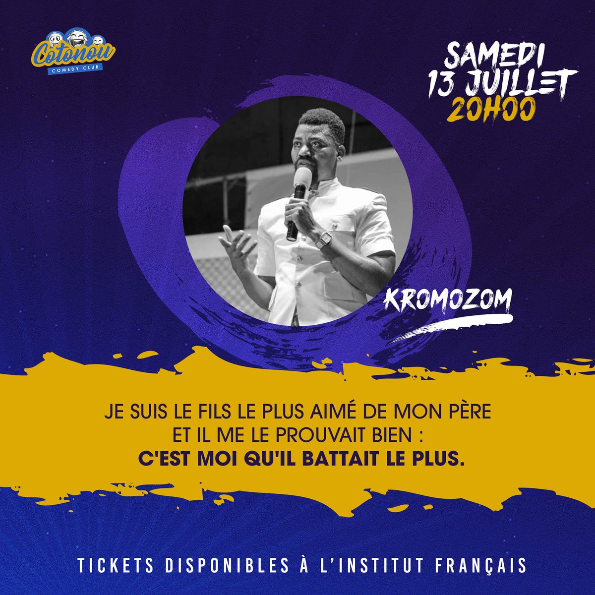 ctncomedyclub's tweet photo. #StandUpShow - Les Humoristes 

Il n'a pas la peau foncée mais l'humour noir lui colle à la peau  😂

Pour la deuxième saison consécutive, Kromozom sera sur la scène du Cotonou Comedy Club ce samedi 13 Juillet à l' @IF_Benin à partir de 20h00 https://t.co/5TBA599R4C