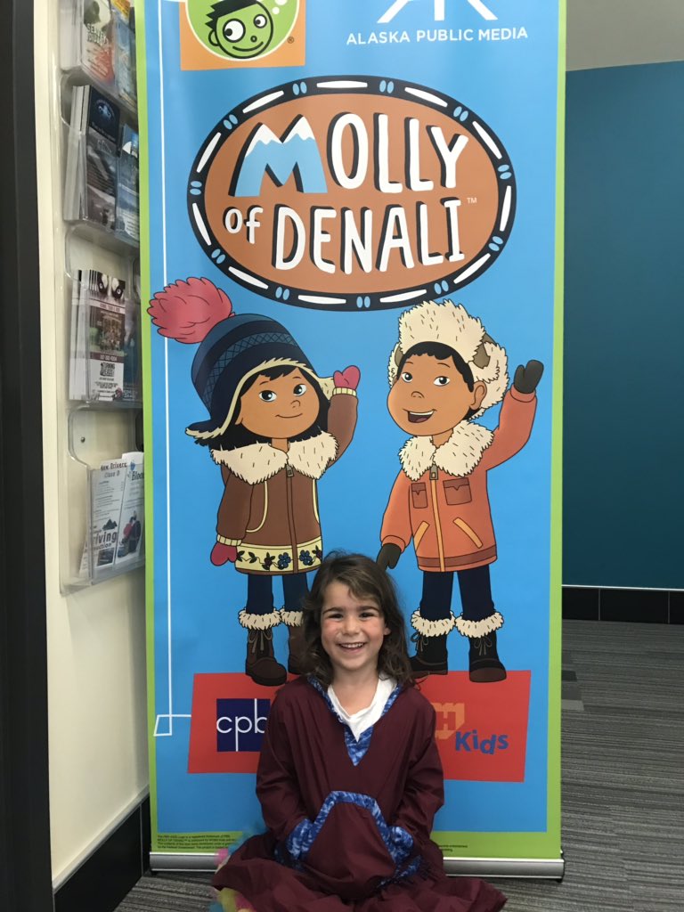 My own Molly had the pleasure of prescreening the new @MollyOfDenali show at our local library! Exciting to seeing our state & local indigenous cultures  featured nationally! It’s a quality podcast and show on @PBSKIDS. @AKpublicnews #indigenousmedia #akculture