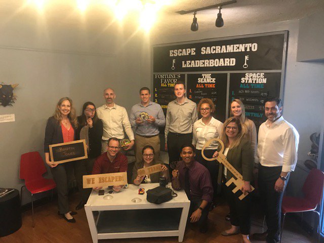 So happy they escaped! Some of our favorite people at <a href="/boutinjones/">Boutin Jones</a> (including our group of summer associates Dillon Jackson, Thomas Humann &amp; Erika Muñoz) tackled the escape rooms <a href="/escapesac/">Escape Sacramento</a>. One team escaped 37 secs. faster, but needed extra clues. Does that mean it was a draw?