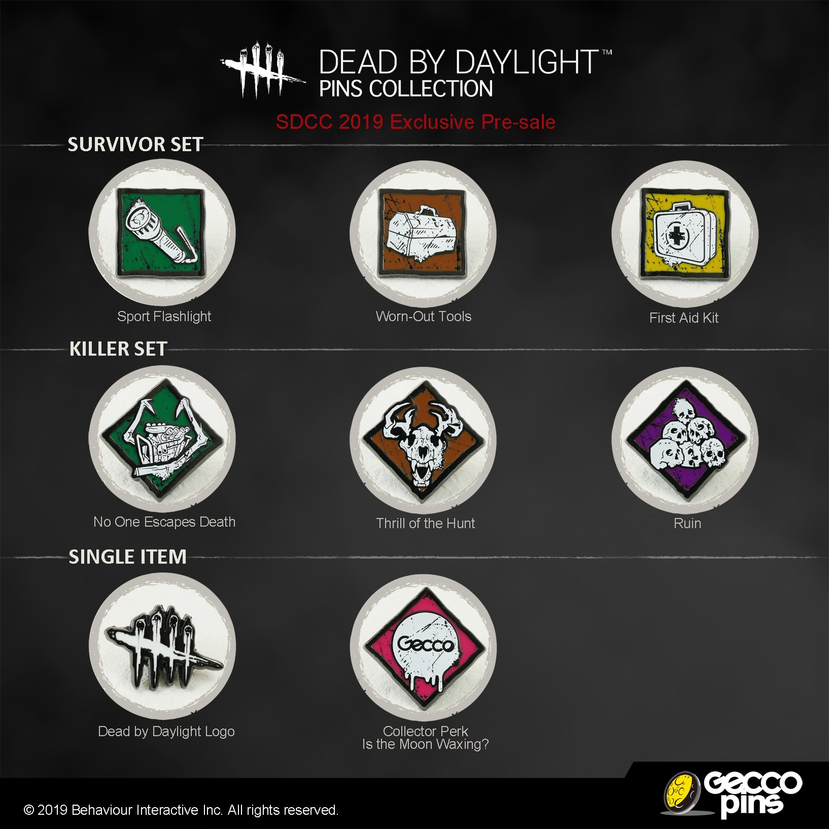 Gecco Corp We Are Launching A Pin Collection From The Asymmetrical Multiplayer Horror Game Dead By Daylight Ahead Of The Public Release We Ll Offer Some From The Lineup At Sdcc