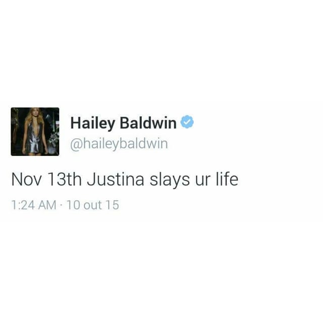 October 10, 2015: Hailey supporting Justin and promoting Purpose on Twitter.