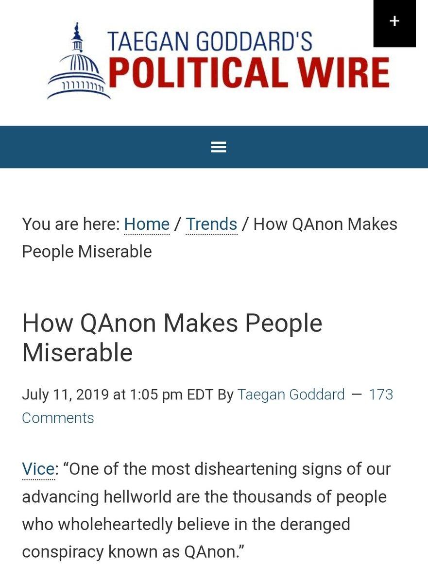 16.  #QAnon tells author of pathetic article about him""Try Harder!Nothing can stop what is coming.Nothing! #Q" https://twitter.com/politicalwire/status/1149695037204312067?s=19 …