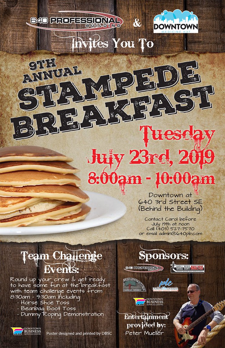 640PB's tweet photo. As #CalgaryStampede is wrapping up, you may want to keep going! Take on #MedHat Stampede the week of the 22nd. Come down to our 9th Annual Stampede Breakfast in assoc. with the @DowntownCCDA We would love to visit with you! RSVP Carol Stickney at 640PB. https://t.co/VXNwNb7s9q