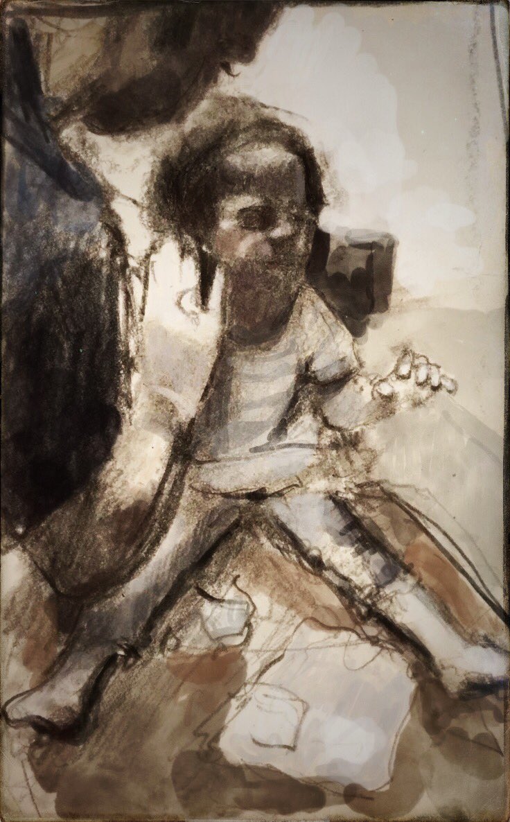 marcnelsonart's tweet photo. Sketch from eyewitness video. Today. #Idlib #Syria . A child wounded and traumatized by #Assad #Russia attacks. Cowards, criminals, and psychopaths attack innocent children. They are fueled by the worldโs apathy. @antonioguterres @UN https://t.co/kbkDXUqCDb