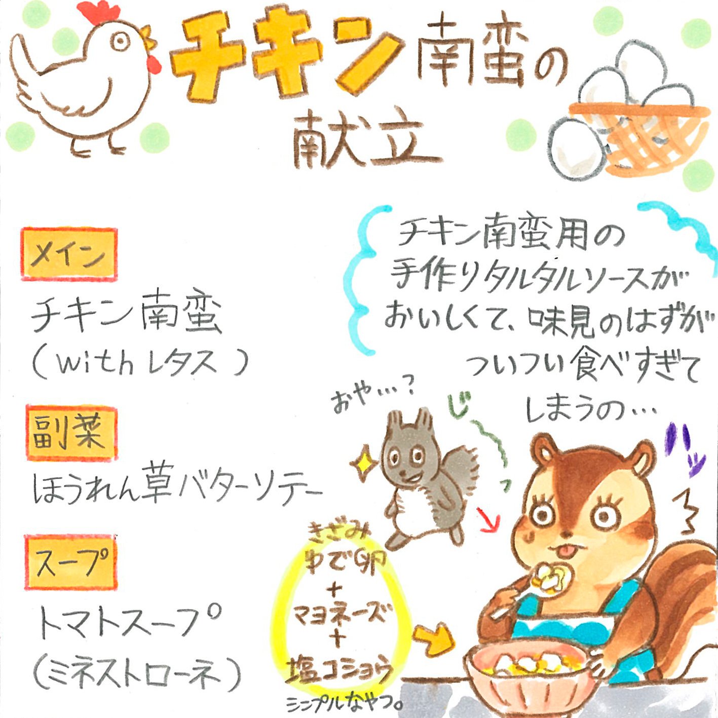 Twitter 上的 とりたみら イラストレーター チキン南蛮の献立 りす子のかんたん献立 Illustration 食べ物イラスト T Co Ikpds76b7g Twitter