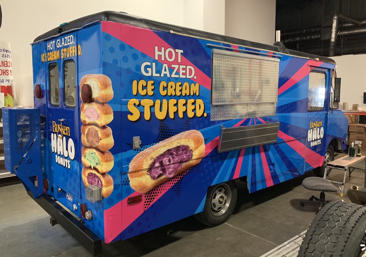 meghanmongillo's tweet photo. SECRET NEW Cincinnati treat unveiled for the 1st tonight. @BuskenBakery hot glazed donut with @graeters in it!! No joke - watch for this food truck to pop up around town. Truck wrap by @cruxroadboardz - #hotglazedicecreamstuffed @Local12 https://t.co/hfisNvQg5W