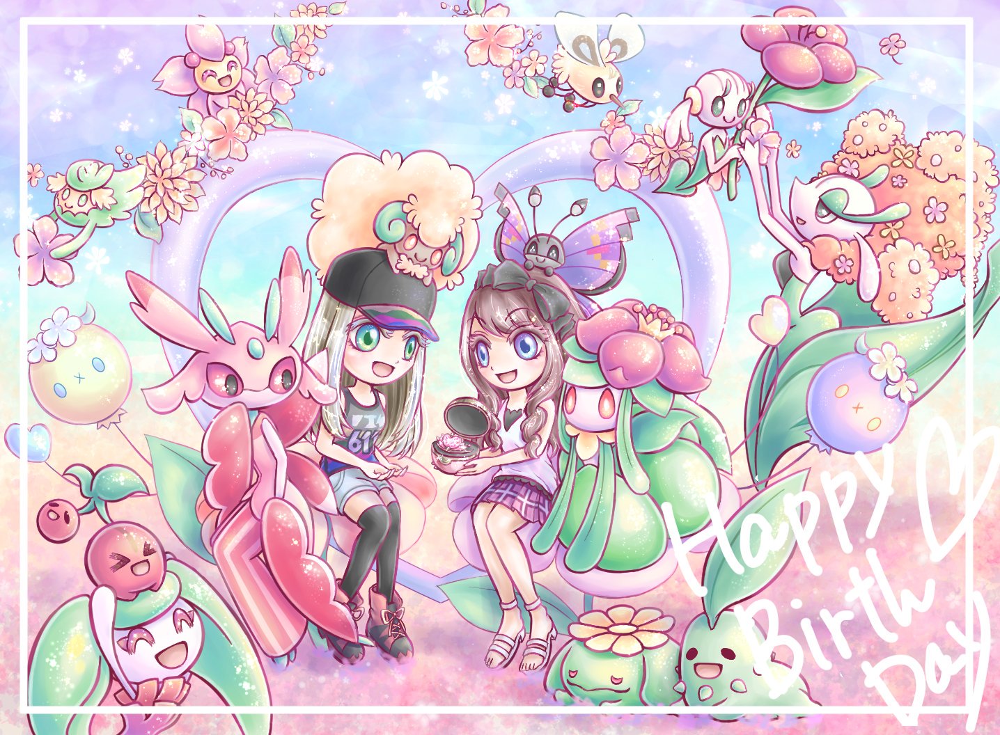 Momos 友人の誕生日祝い 持ってるものはメガディアンシーちゃん型ティアラ ポケモンイラスト ラランテス ドレディア エルフーン ビビヨン アママイコ チェリンボ チェリム フラージェス フラエッテ ポポッコ キュワワー アブリー チコリータ