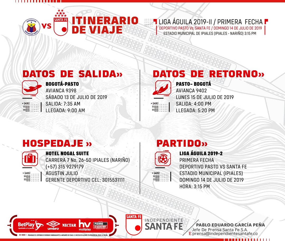 ¡VUELVEN LOS LEONES!⚽🔴⚪

🛫Este es el Itinerario y listado de viajeros de <a href="/SantaFe/">Independiente Santa Fe</a> 🦁 para enfrentar a <a href="/DeporPasto/">Deportivo Pasto</a> 🔵🔴 por la primera fecha de la Liga Águila 2019-II.🏆¿Cuál sería su equipo titular?🤔