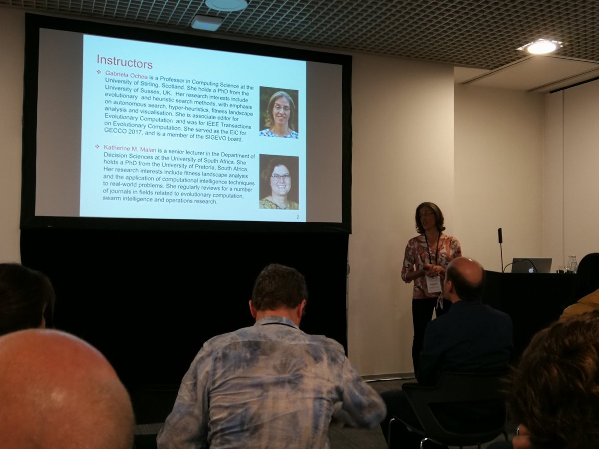 MODO_lab's tweet photo. The tutorial on landscape analysis by Gabriela Ochoa and Katherine Malan is about to start at #GECCO2019, happy to see that "massive optimization" is mentioned ;) https://t.co/TK5Ep080Oc