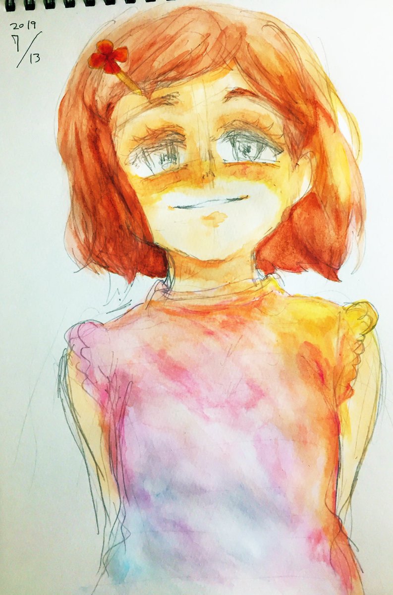 まめだ 創作キャラの桜井 水彩の練習でヘアピンの描き方ミスっているの今気づいた