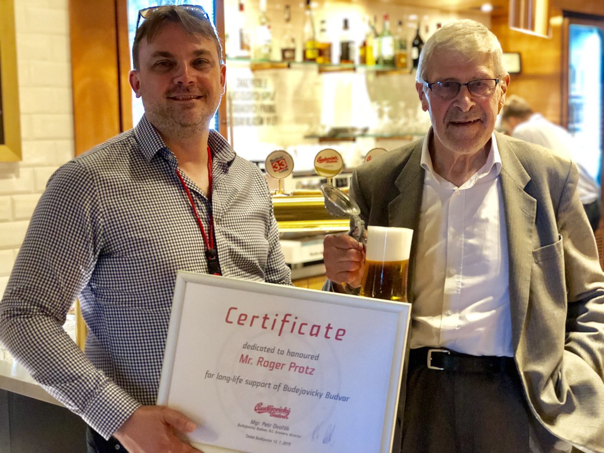 We honoured <a href="/RogerProtzBeer/">Roger Protz</a> yesterday at the brewery for his life-long support in helping us keep #Budvar safe from foreign hands. Our brewery CEO Petr Dvořák served Roger a beer from his tankard no. 68 (which stays at the brewery) &amp; gave a new tankard for use back home #nazdravi