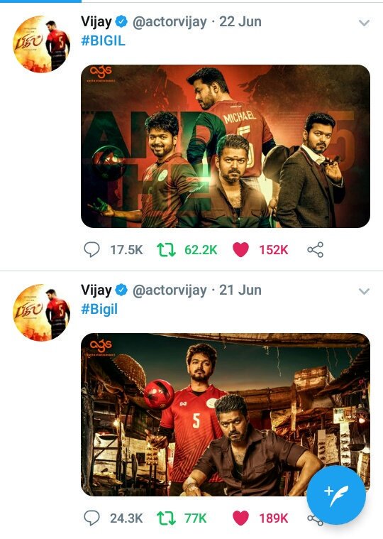 Tbkerala_offi's tweet photo. #BigilFirstLook 189K Hearts 77K Retweets 24.3K Comments
#Bigilsecondlook 152K Hearts 62.2K Retweets 17.5K Comments
🔹The highest Retweets & Likes reached 1st and 2nd look Poster!
#BigilDiwali #ThalapathyVijay 🔥 https://t.co/PZRH1arkJn