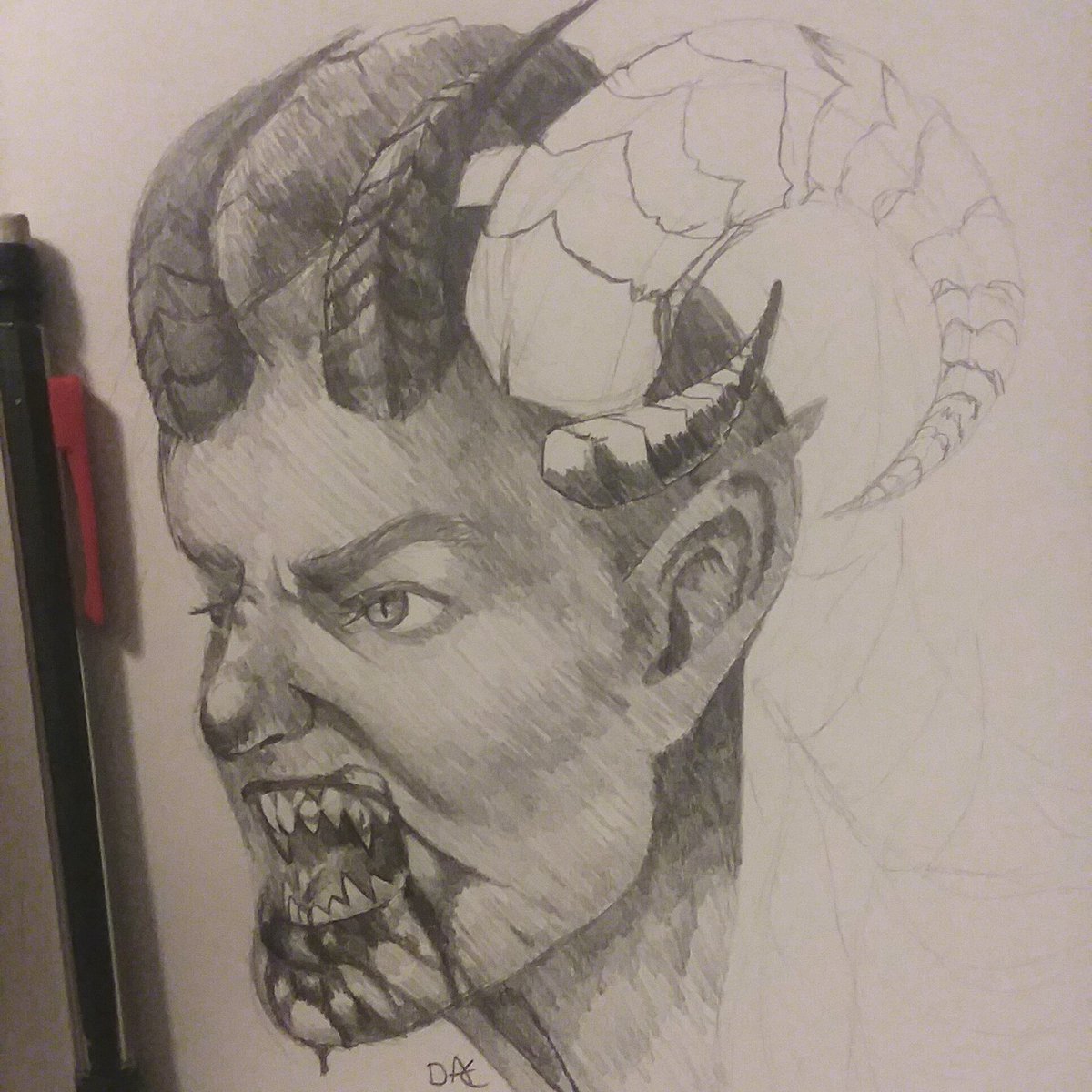 dae_danie's tweet photo. I'm working on various expressions so here's this. I just don't have the willpower to complete it.

#pencilportrait #pencilpractice #portrait #demon #pencilsketch #sketch #pencildrawing #pencil #traditionalart #blood #fangs #bloody #horns #maleportraits #maleportrait https://t.co/XJtUG1dFHL