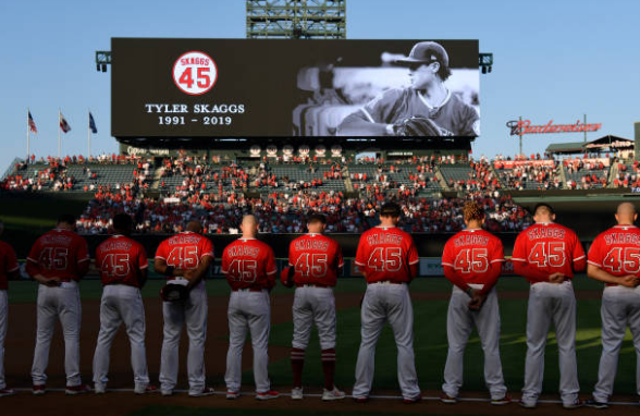 In their first game back at home since the passing of Tyler Skaggs, the Los Angeles Angels of Anaheim combine to no-hit the Mariners in their 13-0 victory.