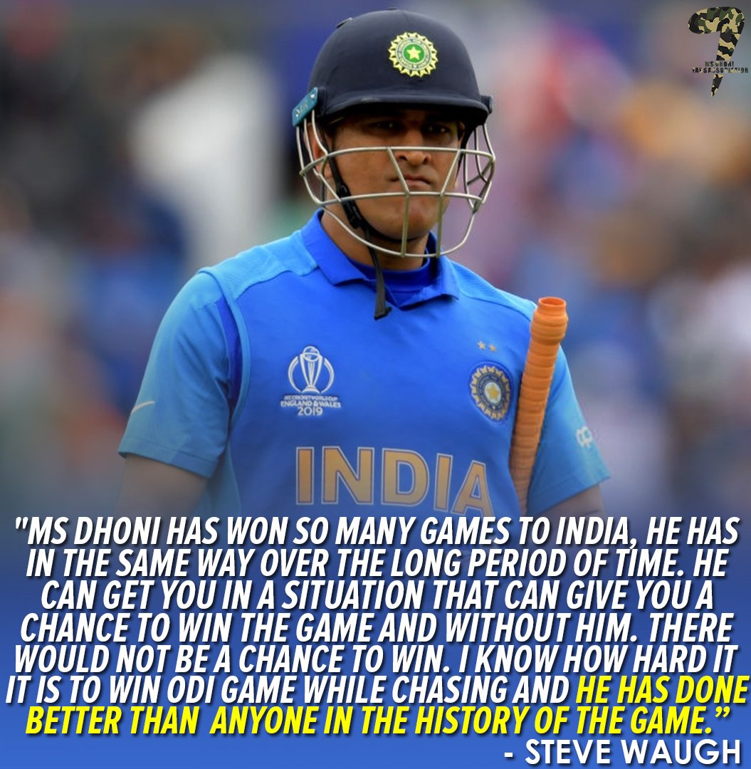 msdfansofficial's tweet photo. "The other day, he was a couple of inches away from being home for the second run. He may have still won that game. I know how hard it is to win a one-day game while chasing &amp; he has done better than anyone in the history of the game."

 - Steve Waugh
#MSDhoni #Dhoni #CWC19 https://t.co/gSeh1U9xt4