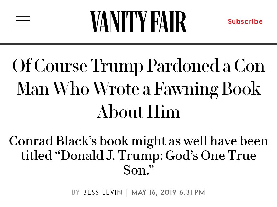 Conrad Black, convicted fraud and former owner of the Telegraph and Jerusalem Post, was recently pardoned by his friend Trump because they were old buddies and Black had written nice things about Trump. https://www.telegraph.co.uk/news/2019/05/16/conrad-black-former-media-mogul-pardoned-donald-trump/  https://www.bbc.com/news/business-48457490  https://twitter.com/ciabaudo/status/1147409712532676608?s=19