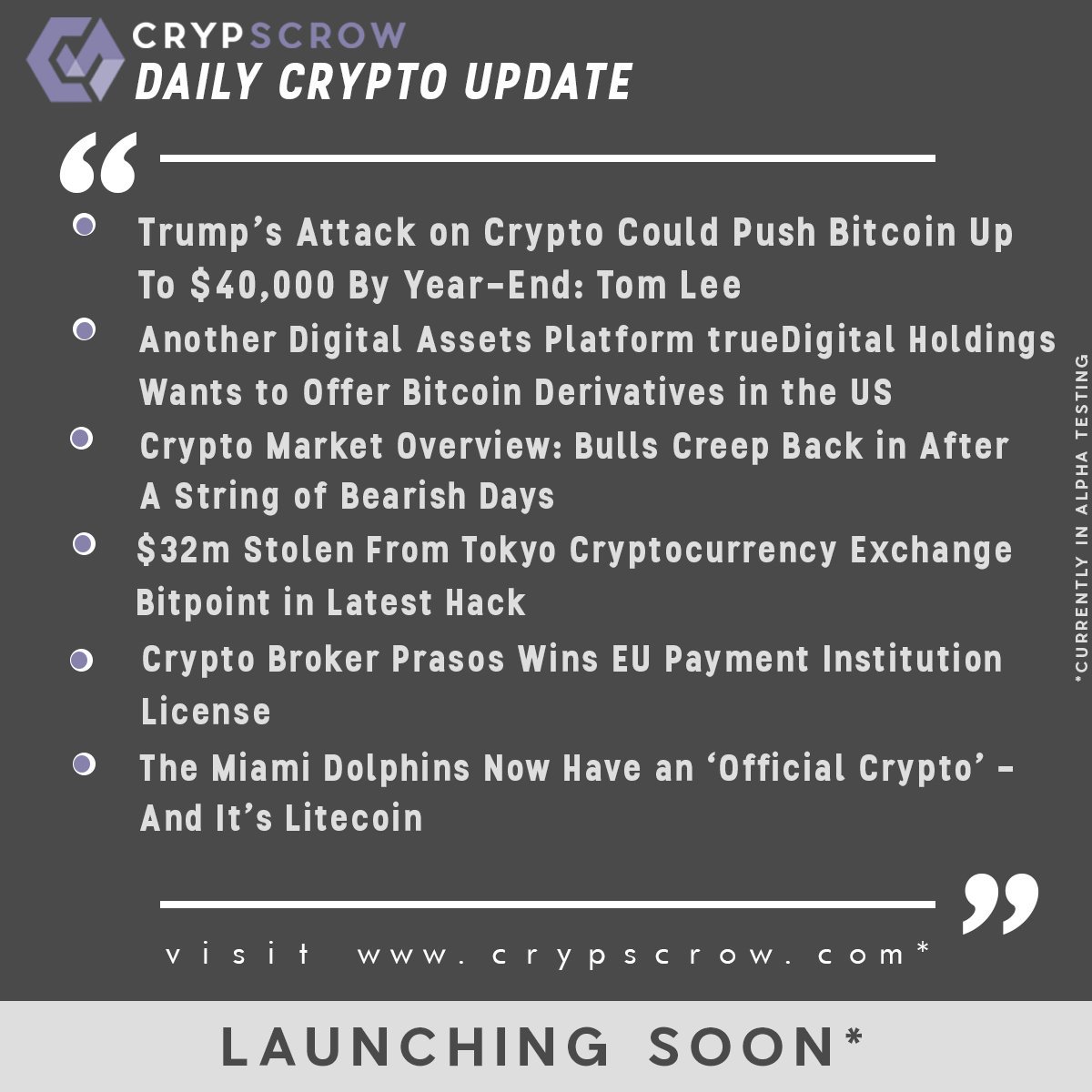 CrypScrow's tweet photo. #dailycryptoupdate #cryptonews #crypscrow #trump #attack #cryptopush #tomlee #truedigital #bitcoinderivatives #bullcreep #bear #tokyoexchange #hack #bitpoint #prasos #eupayment #instution #licence #miamidolphins #litecoin https://t.co/gxPTC3vaZL
