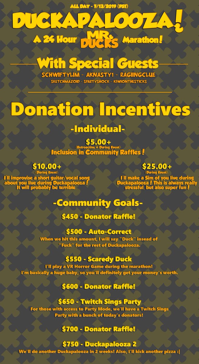 MrDucksTTV's tweet photo. Hey everyone, just about an hour until I got live for my 24 hour stream, Duckapalooza! Hope to see you all there <3 https://t.co/ZEDhjRl1Hc