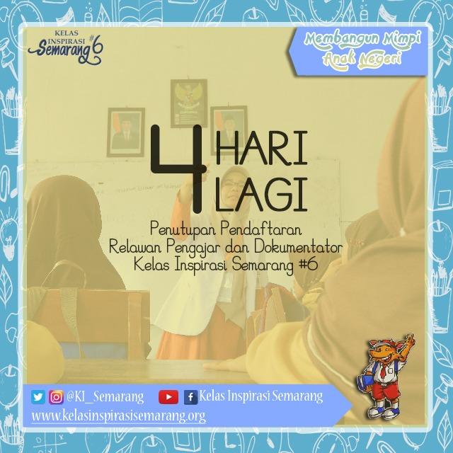 KI_Semarang's tweet photo. Tinggal 4 hari lagi! Yuk temen-temen  segera ambil hp mu dan daftar di https://t.co/PtAXeFRtgS sebagai relawan pengajar atau di https://t.co/n7DqtvpG59 sebagai relawan dokumentator. Jangan lupa ajak keluarga, teman, saudara, gebetan pacar maupun mantan untuk ikutan daftar yaaa 😊 https://t.co/ju1h7uCw6y