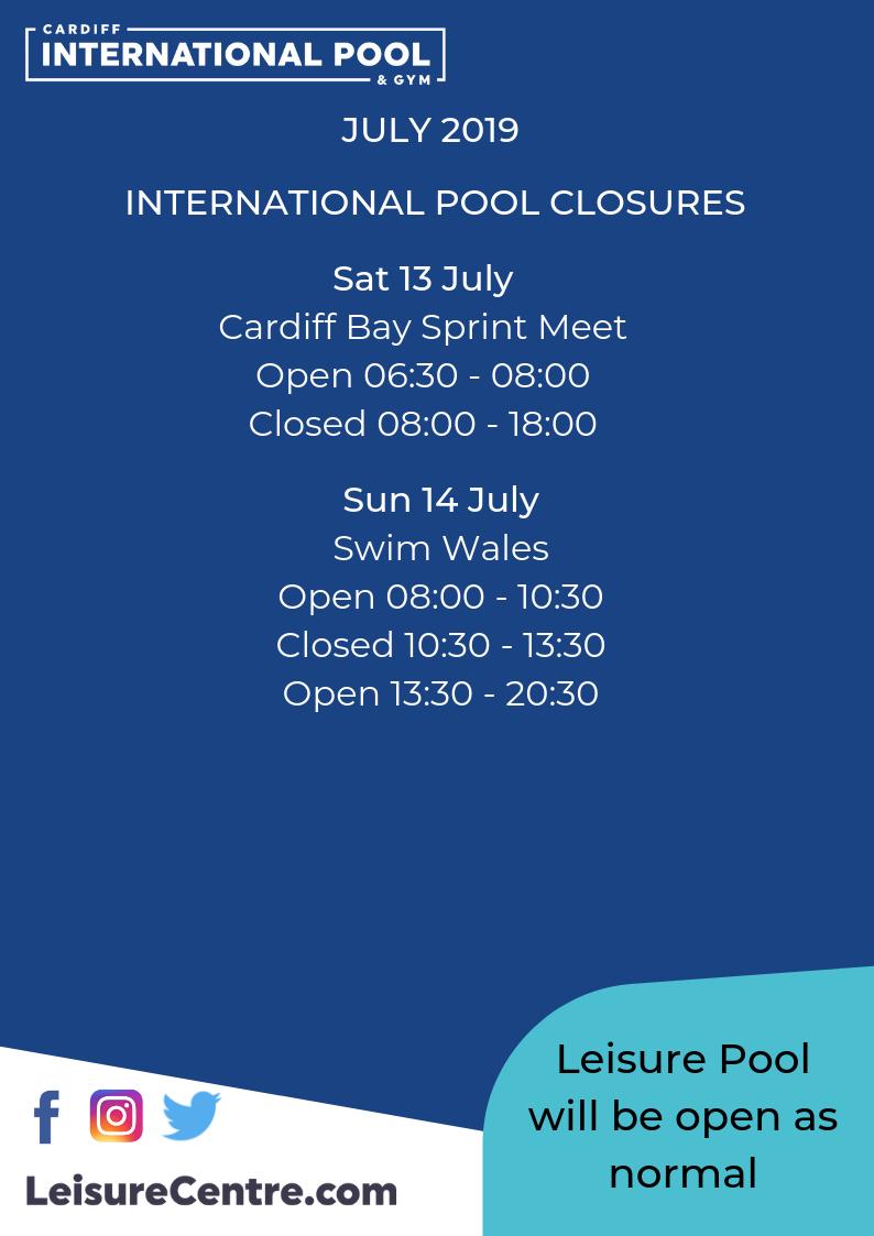 CardiffIntPool's tweet photo. Take a look at our International Pool closures for July 2019 Our Leisure Pool will be open as normal during these events. For further information take a look at our website. #CardiffInternationalPool #CardiffIntPoolAndGym https://t.co/EWCqqmLXE9 https://t.co/payzqu2uo1