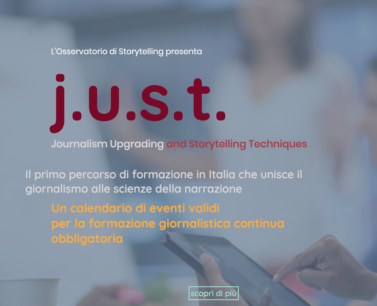 È nato j.u.s.t. - Journalism Upgrading and Storytelling Techniques, 1° percorso di #formazione in Italia che unisce #giornalismo e scienze della #narrazione 

 ✏️Scopri il programma e iscriviti subito
just-storytellinglab.org  
<a href="/Anna_Martini_/">Anna Martini</a> @storyfactor <a href="/storoni_a/">Arianna Storoni</a>  <a href="/munduspatet/">Daniele Orzati</a>