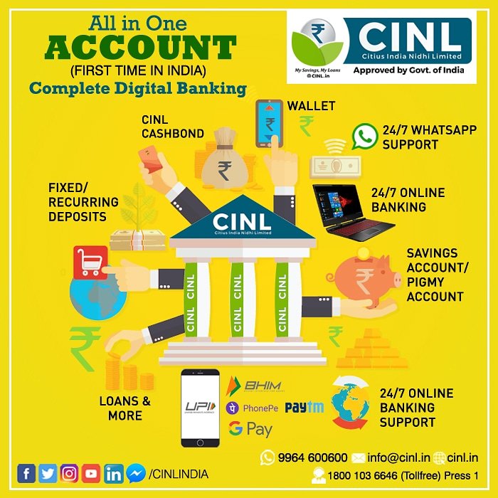 CINLINDIA's tweet photo. All In One - Bank Account + Wallet + UPI + Savings Account + Fixed Deposit + Loans 
1st Time In India 
24/7 Online Banking 
24/7 Whatsapp 
Door Step Services - Cash PickUp - Pigmy Collection 
 https://t.co/MJQpPi4Dkl
 https://t.co/EwM14FHqAM 
☎ 18001036646
Whatsapp- 9964600600 https://t.co/QJSrP7VNDb