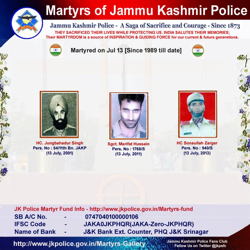 wassimgul's tweet photo. #JKP #JammuKashmirPolice🇮🇳#Tributes #bharatkeveer

🌼Kuchh Yaad Unhe Bhi Kar Lo, Jo Laut Ke Ghar Na Aaye🌼

Martyred on #July_13 [Since 1989 till date]

#UnitedWeStand #JammuAndKashmir #सभ्यताट्विटर #SaturdayThoughts #SaturdayMotivation #KurtaTwitter #SaturdayMorning #जय_श्रीराम https://t.co/ahv7KdDkvh
