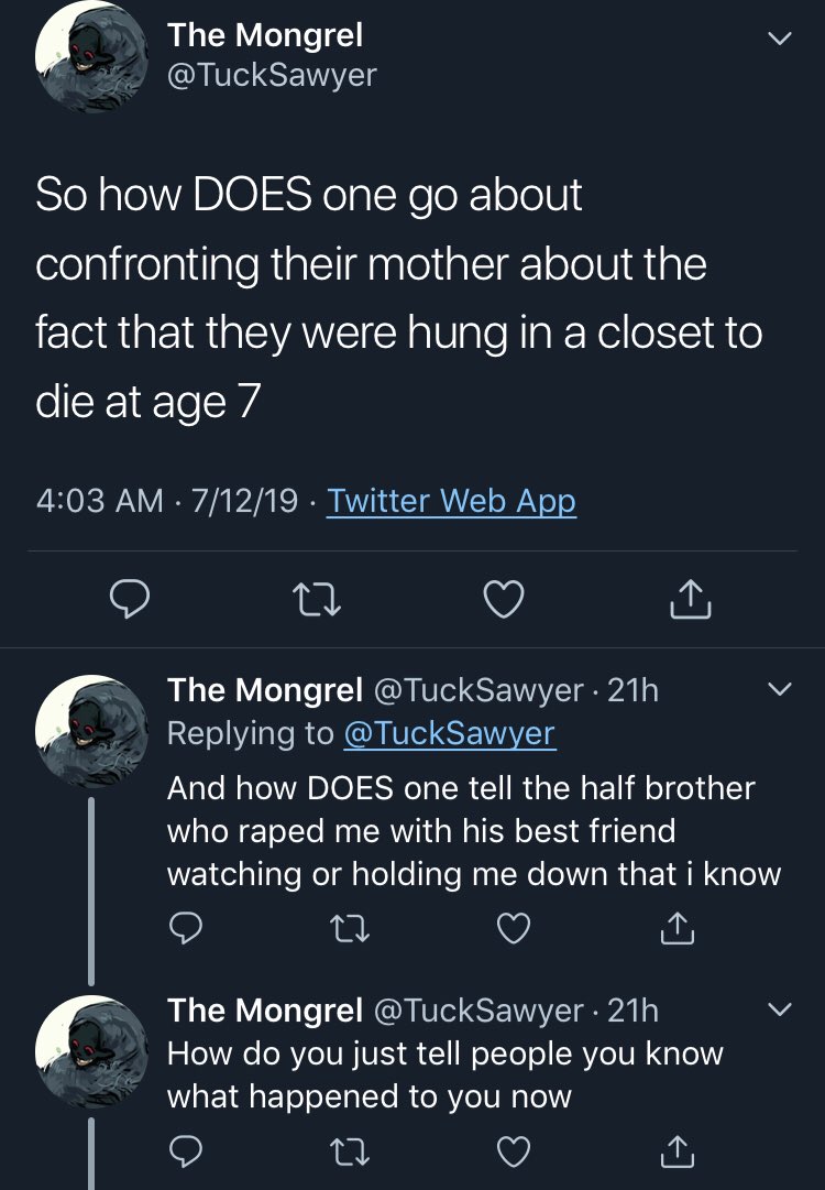 straightteef's tweet photo. Oh really? Does that brother also happen to be one of the others that your “stepdad” convinced to abuse you? Or the one you assisted the suicide of...or killed for fun? Or did he actually kill himself?
Stop lying about your family #TuckSawyer, the truth always come out “babe.” https://t.co/e738X37NCQ