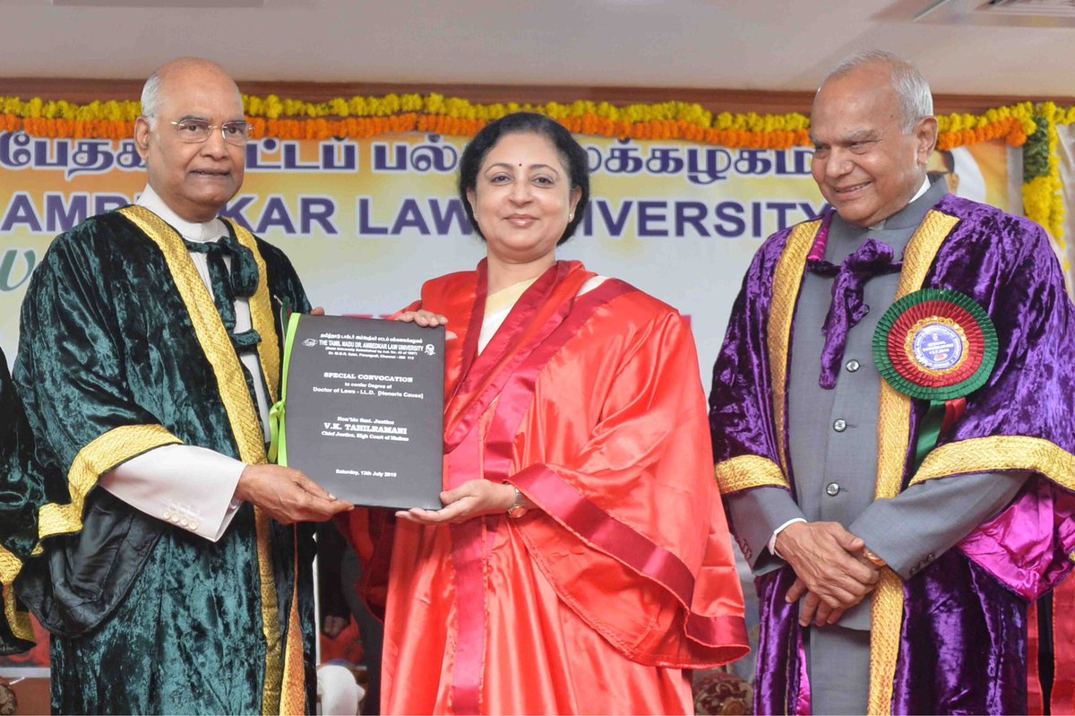 rashtrapatibhvn's tweet photo. President Kovind attends special convocation of Tamil Nadu Dr Ambedkar Law University conferring LL.D. (Honoris Causa) on Justice Sathasivam, Governor of Kerala &amp; former CJI; Justice Bobde, Judge, Supreme Court of India; and Justice Tahilramani, Chief Justice of Madras High Court https://t.co/55n0iF6icl