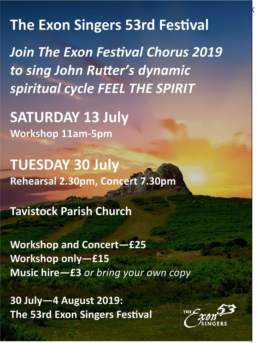 The Exon Singers (@theexonsingers) on Twitter photo Today - Come and Sing Feel the Spirit by <a href="/johnmrutter/">John Rutter</a> Workshop 11am-5pm Tavistock Parish Church (reg 10.30am). Workshop is led by @josephjudge28 Workshop only - £15. Music hire - £3. Or do the workshop and sing in Exon Festival's concert on 30 July - £25. <a href="/BBCDevon/">BBC Devon</a> <a href="/DevonLife/">Devon Life</a> Today - Come and Sing Feel the Spirit by <a href="/johnmrutter/">John Rutter</a> Workshop 11am-5pm Tavistock Parish Church (reg 10.30am). Workshop is led by @josephjudge28 Workshop only - £15. Music hire - £3. Or do the workshop and sing in Exon Festival's concert on 30 July - £25. <a href="/BBCDevon/">BBC Devon</a> <a href="/DevonLife/">Devon Life</a>