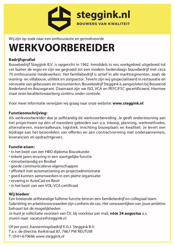 StegginkBouw's tweet photo. Kom jij ons team versterken? Check onze #vacature #werkvoorbereider #nieuwbouw #restauratie #utiliteit bij een gezond en modern familiebedrijf met uitdagende projecten! https://t.co/hKdOQTQpUy