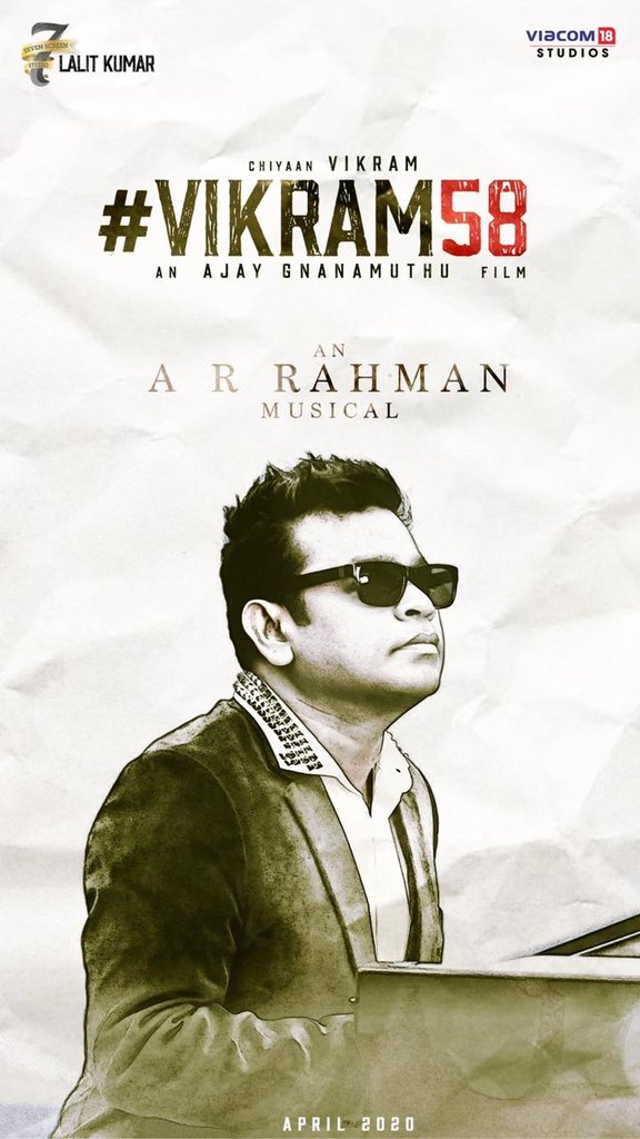 taran_adarsh's tweet photo. AR Rahman comes on board as music composer for Chiyaan Vikram's next venture [not titled yet]... Directed by Ajay Gnanmuthu. Produced by Viacom18Studios and Seven Screen Studio... April 2020 release. #Vikram58 https://t.co/YAq5mcBfP3