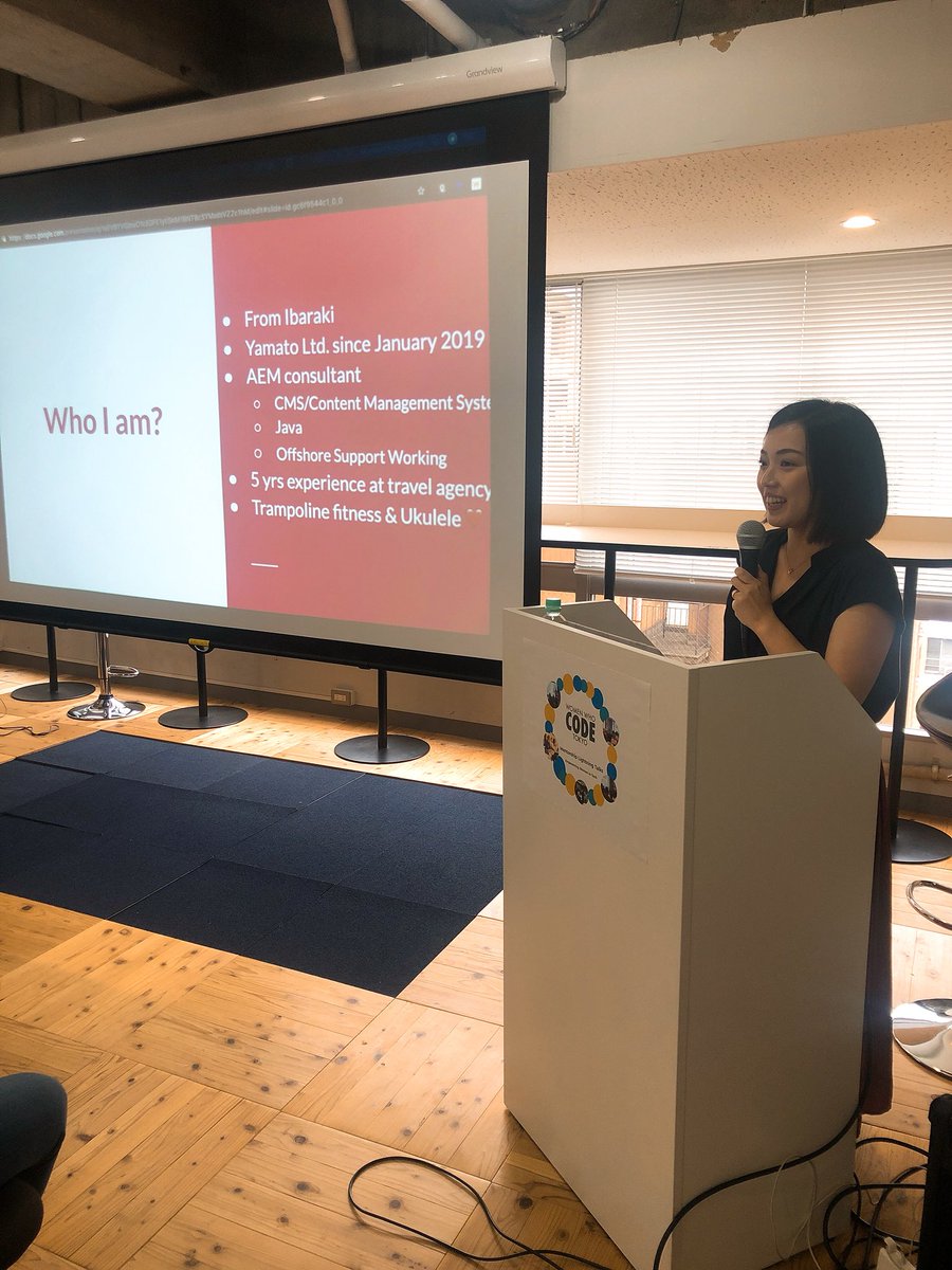 WWCode_Tokyo's tweet photo. Hands up to AEM consultant Manami @penguin_note who absolutely nailed her first #lightningtalk in English! Manami used to work at a travel agency, but has now made an inspiring career change to tech! 💪 #wwcode #wwcodetokyo #tokyo #lt #LT会 #womenintech #mentorship #techinjapan https://t.co/iZZKZDY0i9