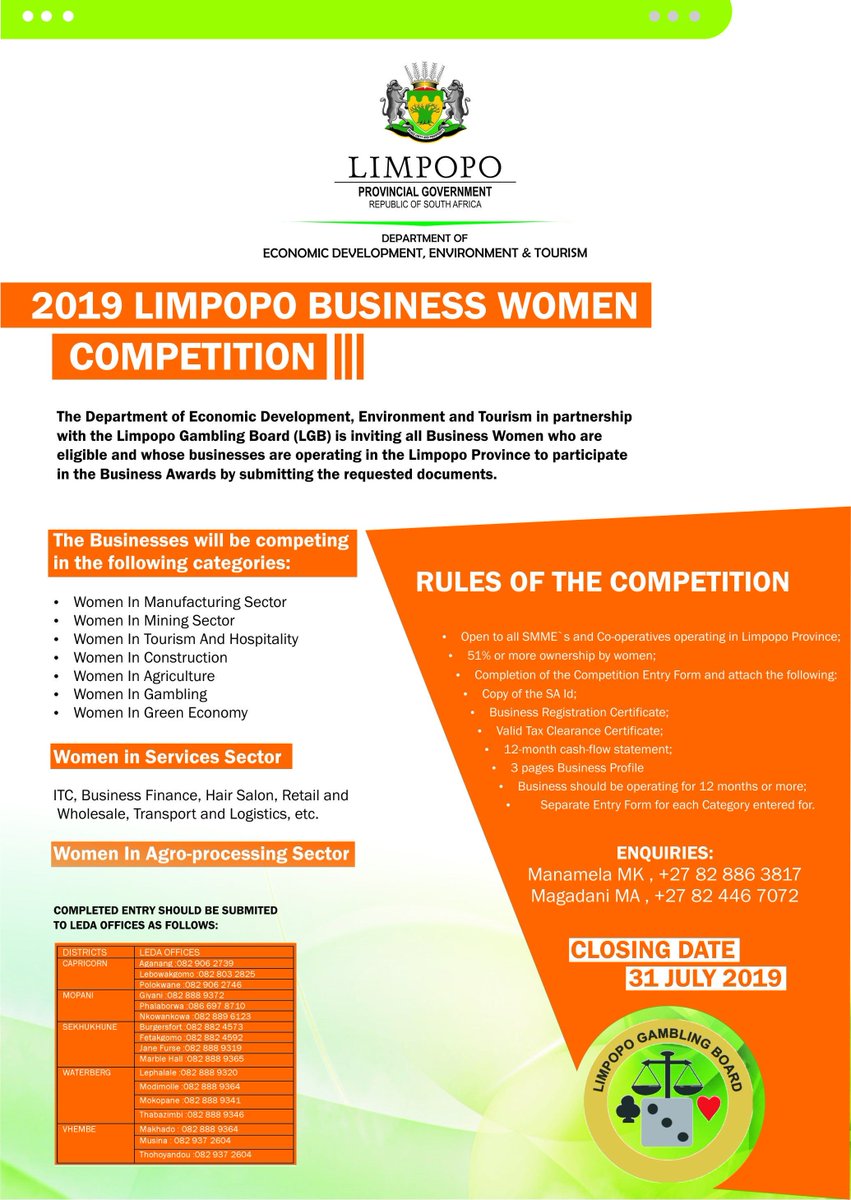 Have you heard?
Limpopo Dept of Economic Development, Environment and Tourism is inviting entries from business women who meet the criteria and whose businesses are operating in Limpopo to participate in the #LimpopoBusinessWomenCompetition.