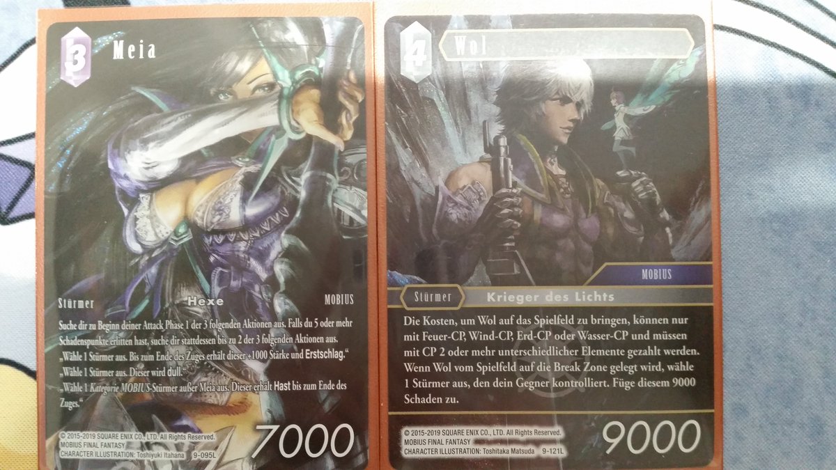 FFTCGorg's tweet photo. Happy #OpusIX Pre-Release!
Enjoy the sealed format and get some good cards!
Got a Full Art Foil Meia and a Foil Wol - lucky kit :D
#FFTCG https://t.co/44GMlKcyeU