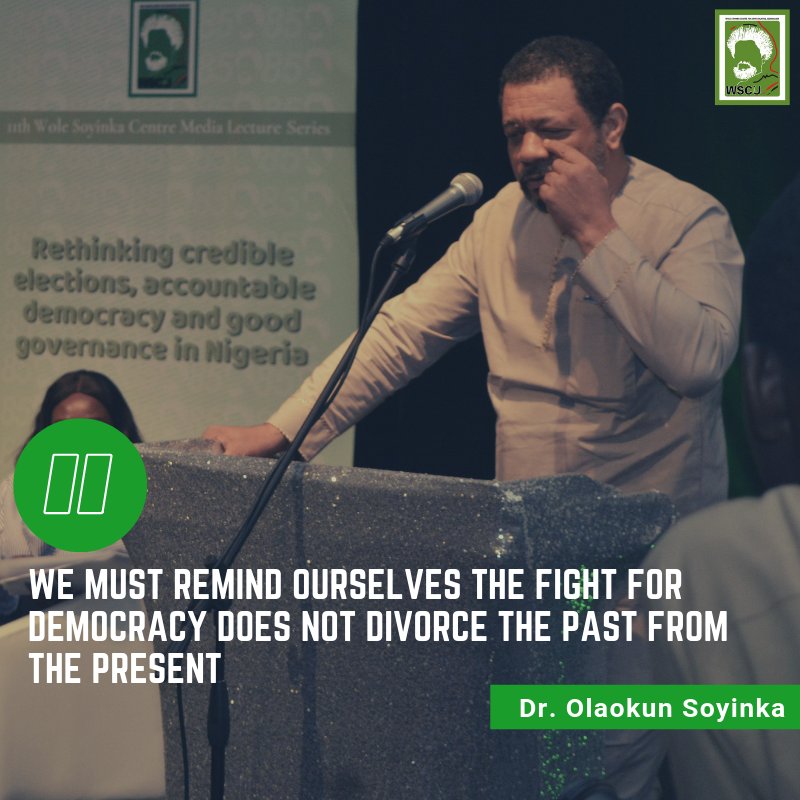 WSoyinkaCentre's tweet photo. Prof. Wole Soyinka’s son, Olaokun reminded the audience that pro-democracy of the youthful years of his father is still the pro-democracy advocacy today. We are still in the same battle and must not divorce the present from the past. #11WSCLecture @obyezeks @lotufodunrin https://t.co/cw52Srlsca