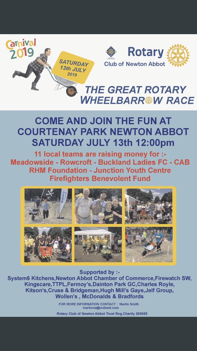 Today’s the day! It’s time for the rotary #wheelbarrowrace at #courtenaypark
Come along and support us along with <a href="/Sherwoodsonline/">Sherwoods</a> @balfc1 <a href="/spacepsm/">Space Youth Services</a> @rotarynewtonab
