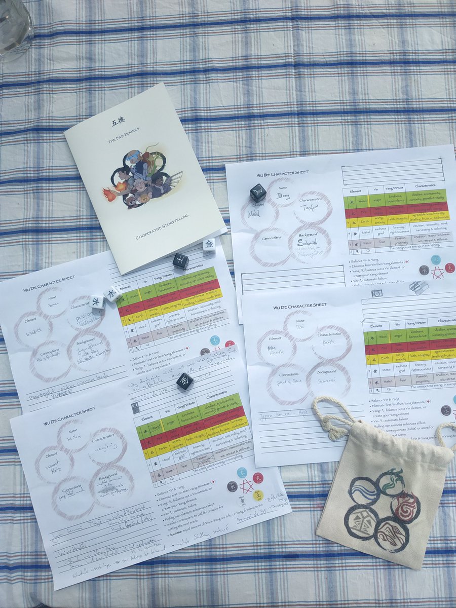 WuDeRpg's tweet image. Hey!
Neben spielen und leiten, habe ich mein eigenes #RPGSystem entwickelt. #五德 - #TheFivePowers ist ein cooperatives Erzählspiel #CooperativeStorytelling auf der Basis von Yin&amp;amp;Yang.
Die Würfelmechanik folgt der Idee, Harmonie im Würfelchaos herzustellen.
#ElementDice