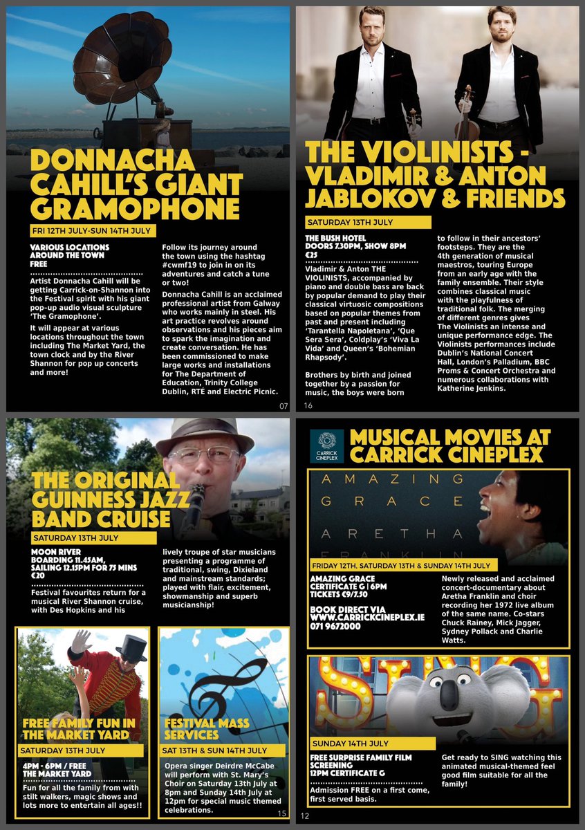 WaterMusicFest's tweet photo. Sat 13th July @WaterMusicFest #carrickonshannon

•Giant Gramophone &amp; Pop Up Piano all day around town  

•Jazz Cruise 12.15pm -SOLD OUT

•Kids Music/Words workshop @thedockarts 11am

•Free family fun, The Market Yard 4-6pm

•The Violinists Vladimir &amp; Anton 8pm The Bush €25 https://t.co/U6v3Pu25Sf